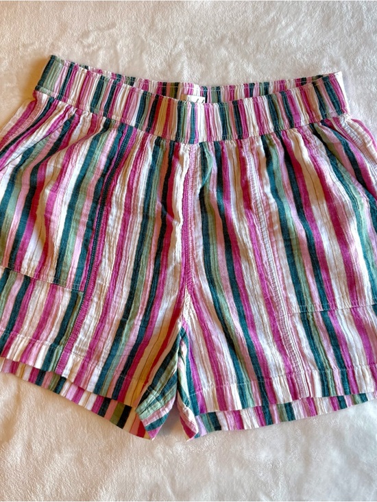 Wonderly Pants - Wonderly Pink, Green & Cream Striped Elastic-Waist Shorts